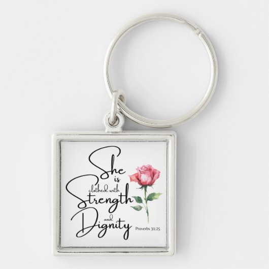 Spreuken 31:25 Ze is gekleed Bijbel Verse Bloem Sleutelhanger (Voorkant)