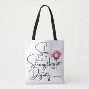 Spreuken 31:25 Ze is gekleed Bijbel Verse Bloem Tote Bag
