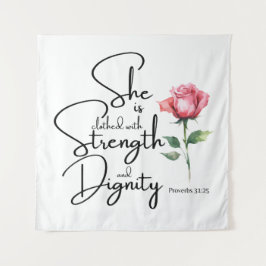 Spreuken 31:25 Ze is gekleed Bijbel Verse Bloem Wandkleed