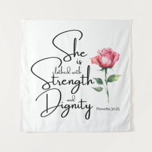 Spreuken 31:25 Ze is gekleed Bijbel Verse Bloem Wandkleed