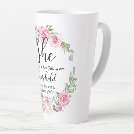 Spreuken 31:27 Moederdag Schriftplaats Roze Bloem Latte Mok (Rechterhoek)