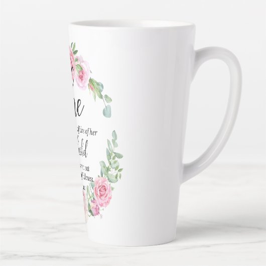 Spreuken 31:27 Moederdag Schriftplaats Roze Bloem Latte Mok (Rechts)
