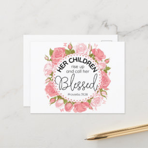 Spreuken 31:28 Moederdag Schrift Roze bloemen Briefkaart