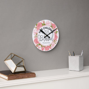 Spreuken 31:28 Moederdag Schrift Roze bloemen Ronde Klok