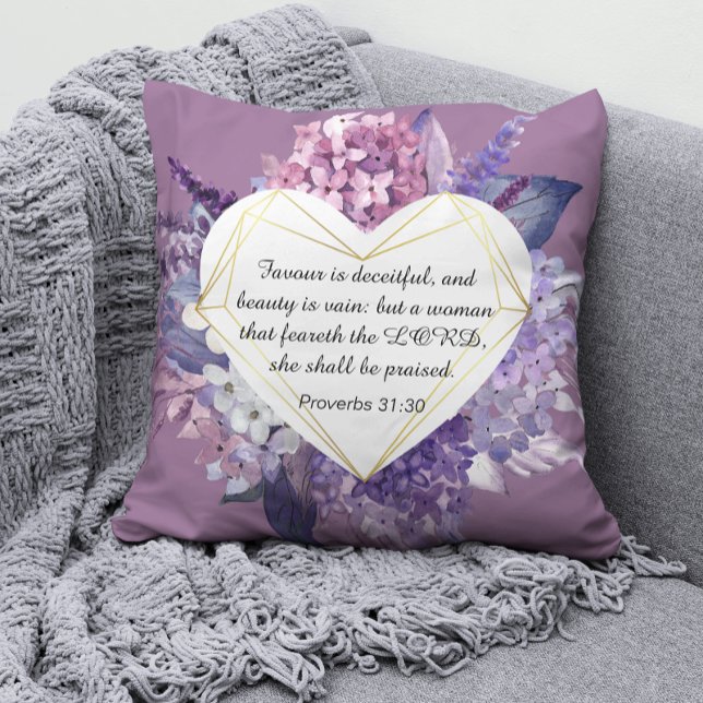 Spreuken 31 Bijbelcitaat Paarse bloemenhart Kussen (Proverbs 31 Throw Pillow)