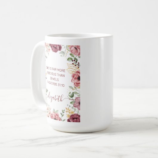 Spreuken 31 Elegante pastel roze bloem geschrift Koffiemok (Voorkant links)