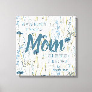 Spreuken 31 Moeder Blauw & Gouden Bloemen Canvas Afdruk