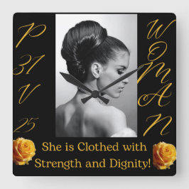 Spreuken 31 Vrouw Zwart & Geel Vierkant Klok