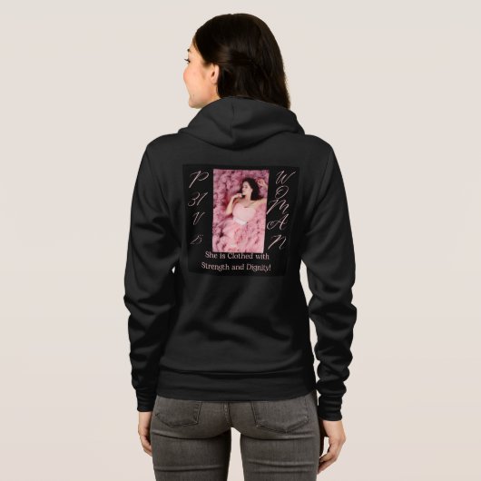 Spreuken 31 Vrouw Zwart Zip-Up Lange Mouw Hoodie (Achterkant volledig)