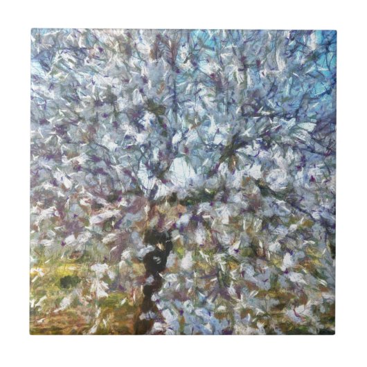 Spring Almond Blossom Pointillism Artwork Tegeltje (Voorkant)