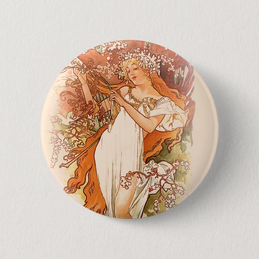Spring - Alphonse Mucha Art Nouveau Ronde Button 5,7 Cm (Voorkant)