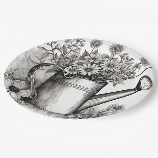 Spring Art, Watering can, Zwart & wit kunst Papieren Bordje (Gekanteld)