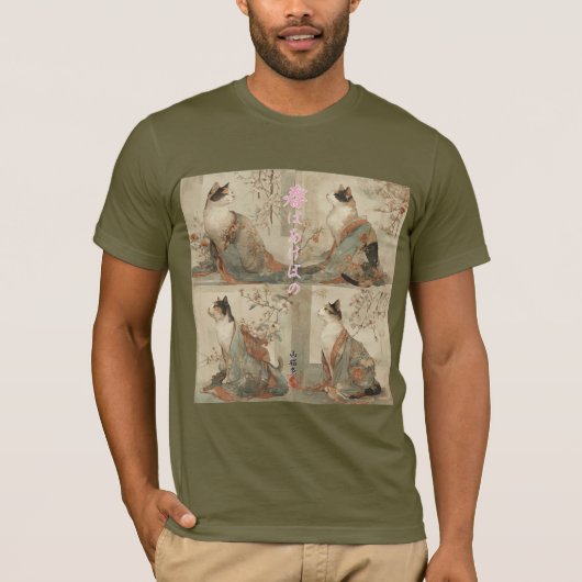 "Spring at Dawn" Japanese Cat in Kimono Art T-shirt (Voorkant)
