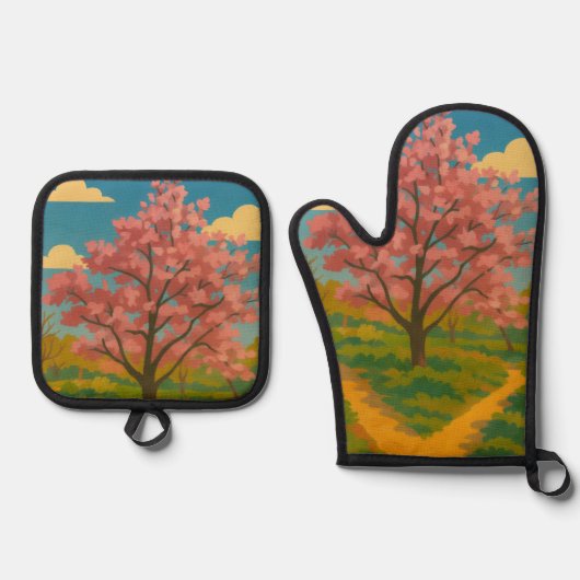 Spring Awakening - Blooming Tree Landscape Ovenwant & Pannenlap Set (Voorkant)