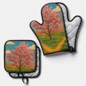 Spring Awakening - Blooming Tree Landscape Ovenwant & Pannenlap Set (Voorkant / Achterkant)