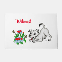 Spring Awakening, Puppy with Flowers and Butterfly Deurmat