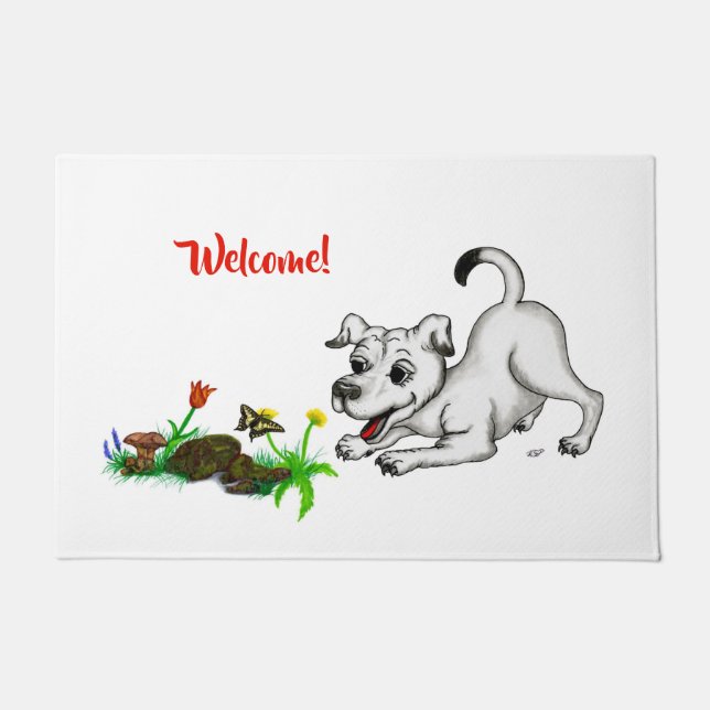 Spring Awakening, Puppy with Flowers and Butterfly Deurmat (Voorkant)