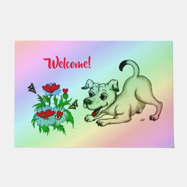 Spring Awakening, Puppy with Flowers and Butterfly Deurmat (Voorkant)