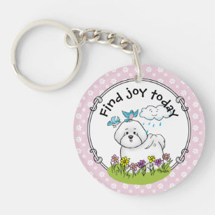 Spring Bichon Frise Dog met Flowers - Cute Sleutelhanger