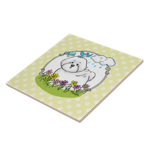 Spring Bichon Frise Dog met Flowers - Cute Tegeltje