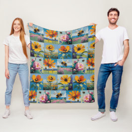 Spring Bijen en Wildflowers Patchwork Fleece Deken