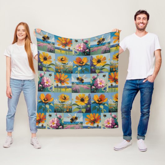 Spring Bijen en Wildflowers Patchwork Fleece Deken (In situ)