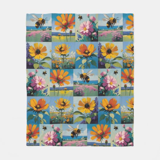 Spring Bijen en Wildflowers Patchwork Fleece Deken (Voorkant)