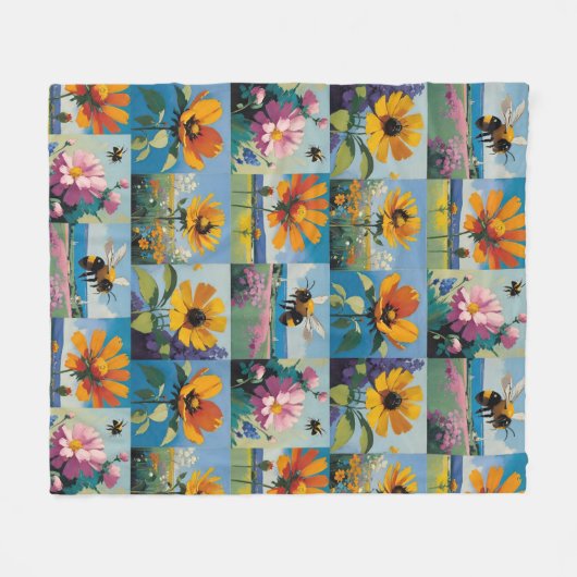 Spring Bijen en Wildflowers Patchwork Fleece Deken (Voorkant (Horizontaal))