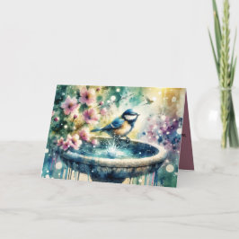 Spring Bird Bath Watercolor  Kaart