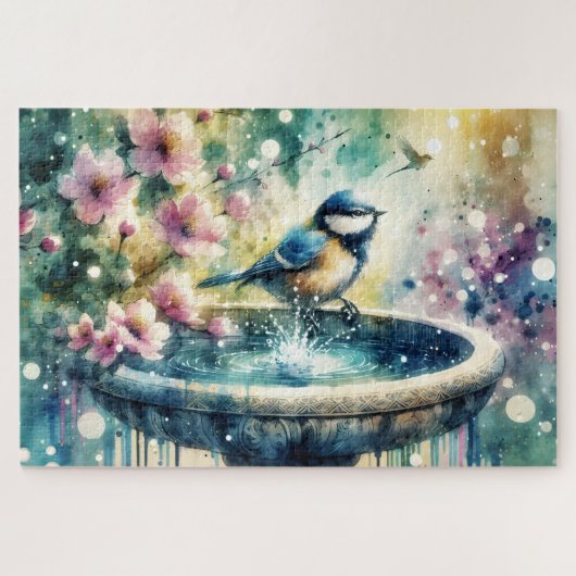 Spring Bird Bath Watercolor Legpuzzel (Horizontaal)