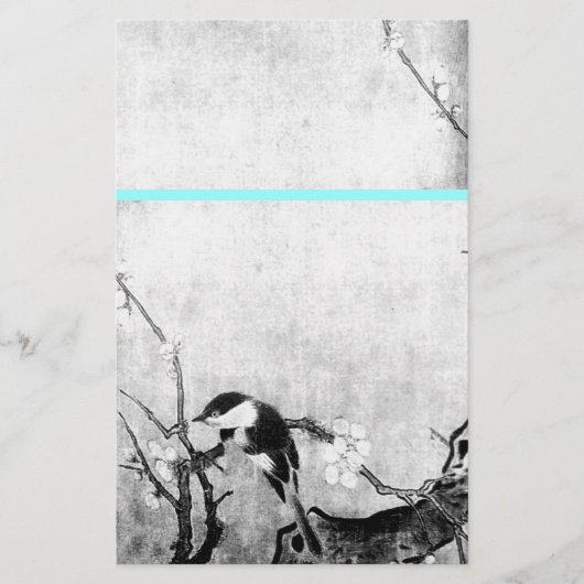 SPRING BIRD EN FLOWER TREE Black White Blue Briefpapier (Voorkant)