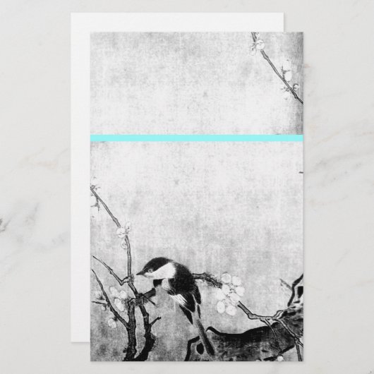 SPRING BIRD EN FLOWER TREE Black White Blue Briefpapier (Voorkant / Achterkant)