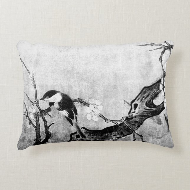 SPRING BIRD EN FLOWER TREE Black White Grey Accent Kussen (Voorkant)