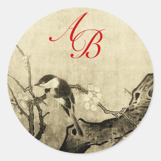 SPRING BIRD EN STROOMBOOM MONOGRAM Brown Sepia Ronde Sticker (Voorkant)