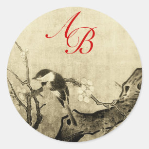 SPRING BIRD EN STROOMBOOM MONOGRAM Brown Sepia Ronde Sticker