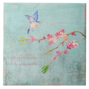 Spring Bird Floral Cherryblossom Weather Blue Tegeltje