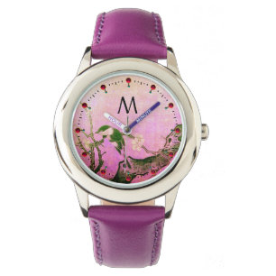 SPRING BIRD, FLOWER TREE Black Pink Monogram Horloge