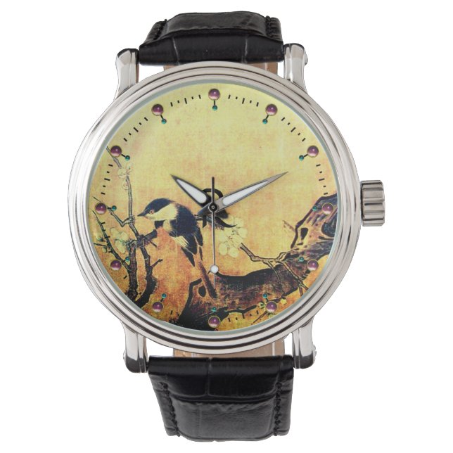 SPRING BIRD, FLOWER TREE Gold Yellow Brown Monogra Horloge (Voorkant)