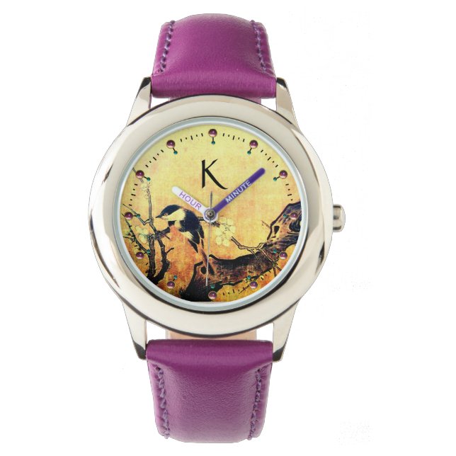 SPRING BIRD, FLOWER TREE Gold Yellow Brown Monogra Horloge (Voorkant)