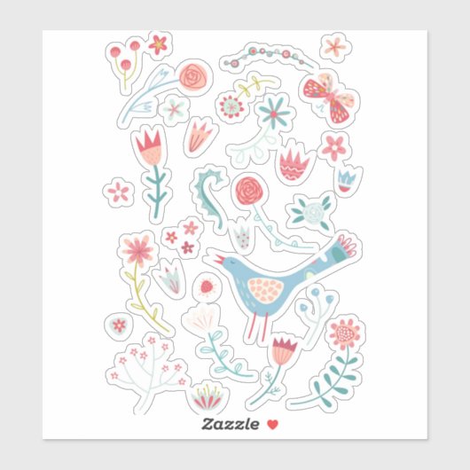 Spring Bird met Flowers Sticker (Vel)