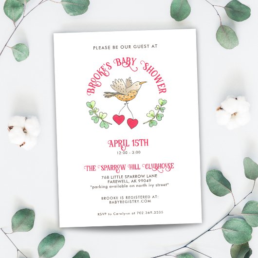 Spring Bird met harten Schattige Baby shower Kaart