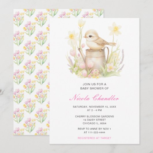 Spring Bird Watering Can Baby shower Kaart (Voorkant / Achterkant)