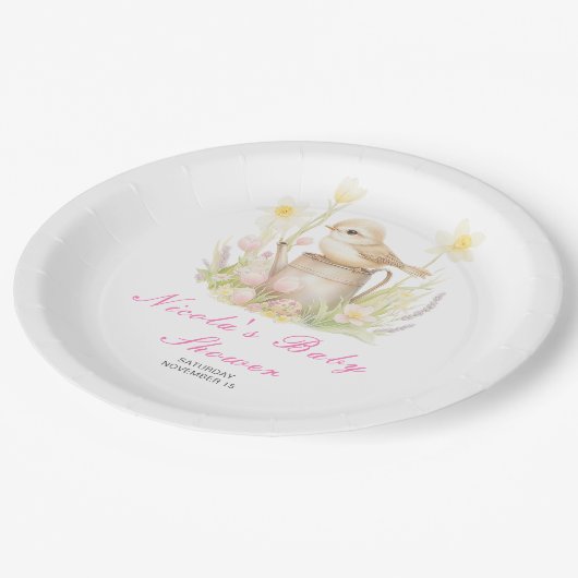 Spring Bird Watering Can Baby shower Papieren Bordje (Gekanteld)