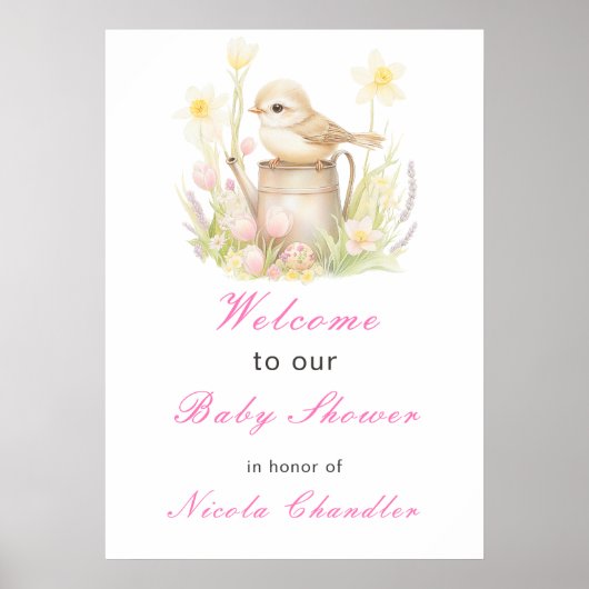 Spring Bird Watering Can Baby shower Poster (Voorkant)