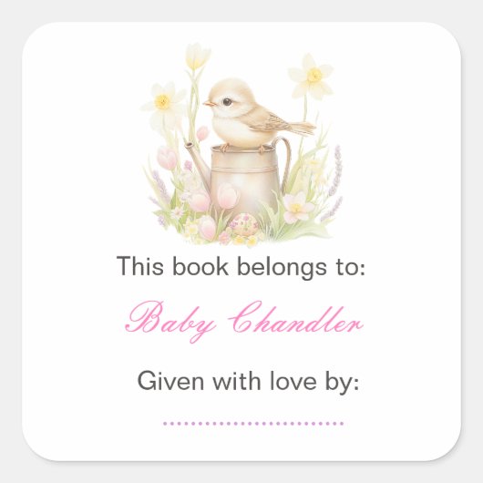 Spring Bird Watering Can Baby shower Vierkante Sticker (Voorkant)