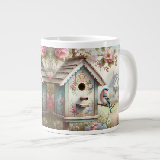 Spring Birdhouse With Pastel Flowers And Bird Grote Koffiekop (Voorkant rechts)