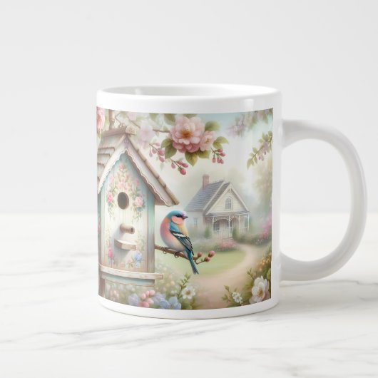 Spring Birdhouse With Pastel Flowers And Bird Grote Koffiekop (Rechts)