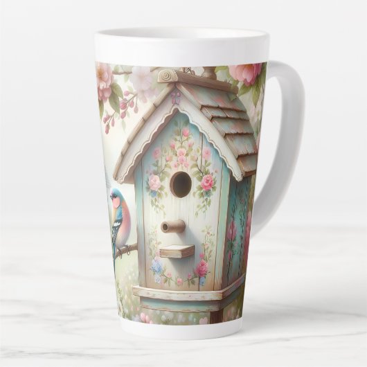 Spring Birdhouse With Pastel Flowers And Bird Latte Mok (Rechterhoek)