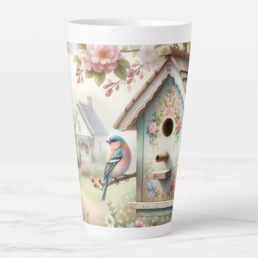 Spring Birdhouse With Pastel Flowers And Bird Latte Mok (Voorkant)