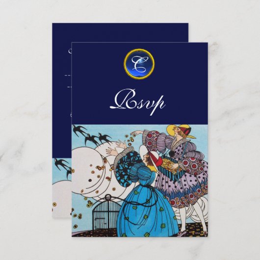 SPRING BIRDS GARDEN PARTY, SAPPHIRE GEM MONOGRAM KAART (Voorkant / Achterkant)